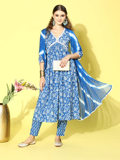 Floral Printed Cotton Naira Cut Kurta Pant Dupatta Set