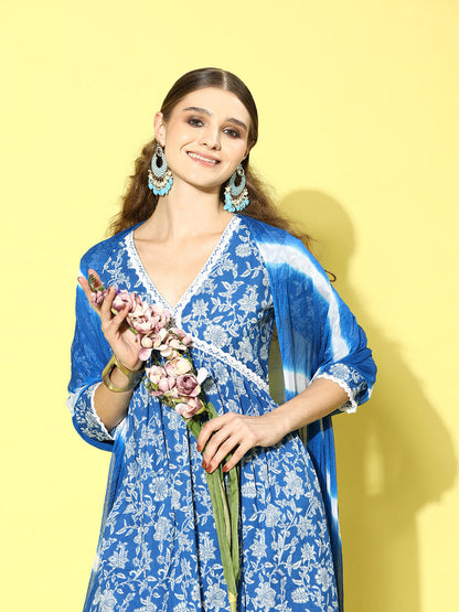 Floral Printed Cotton Naira Cut Kurta Pant Dupatta Set