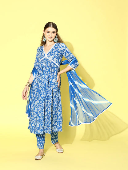 Floral Printed Cotton Naira Cut Kurta Pant Dupatta Set
