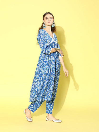 Floral Printed Cotton Naira Cut Kurta Pant Dupatta Set