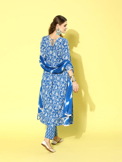 Floral Printed Cotton Naira Cut Kurta Pant Dupatta Set