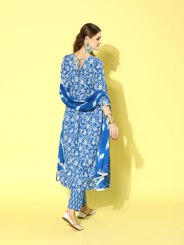 Floral Printed Cotton Naira Cut Kurta Pant Dupatta Set