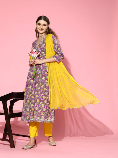 Floral Printed Cotton Naira Cut Kurta Pant Dupatta Set