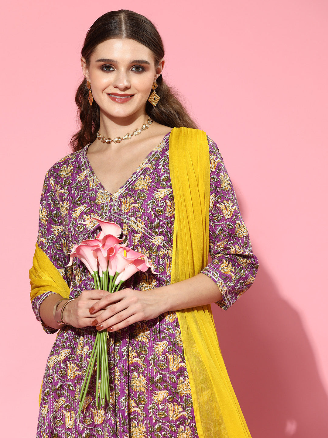 Floral Printed Cotton Naira Cut Kurta Pant Dupatta Set