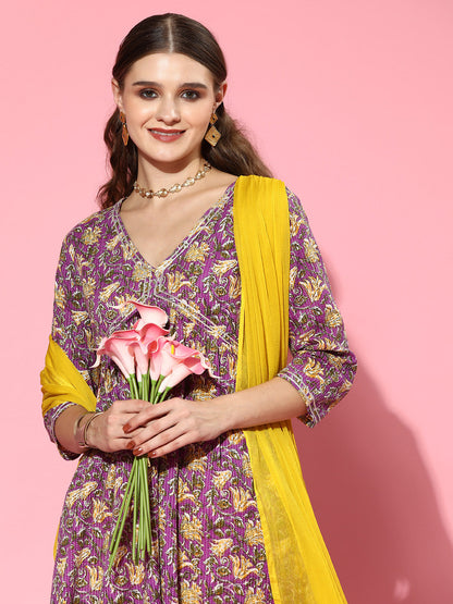 Floral Printed Cotton Naira Cut Kurta Pant Dupatta Set