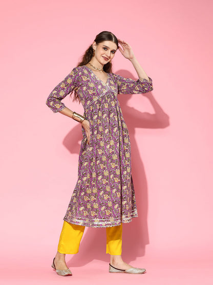 Floral Printed Cotton Naira Cut Kurta Pant Dupatta Set