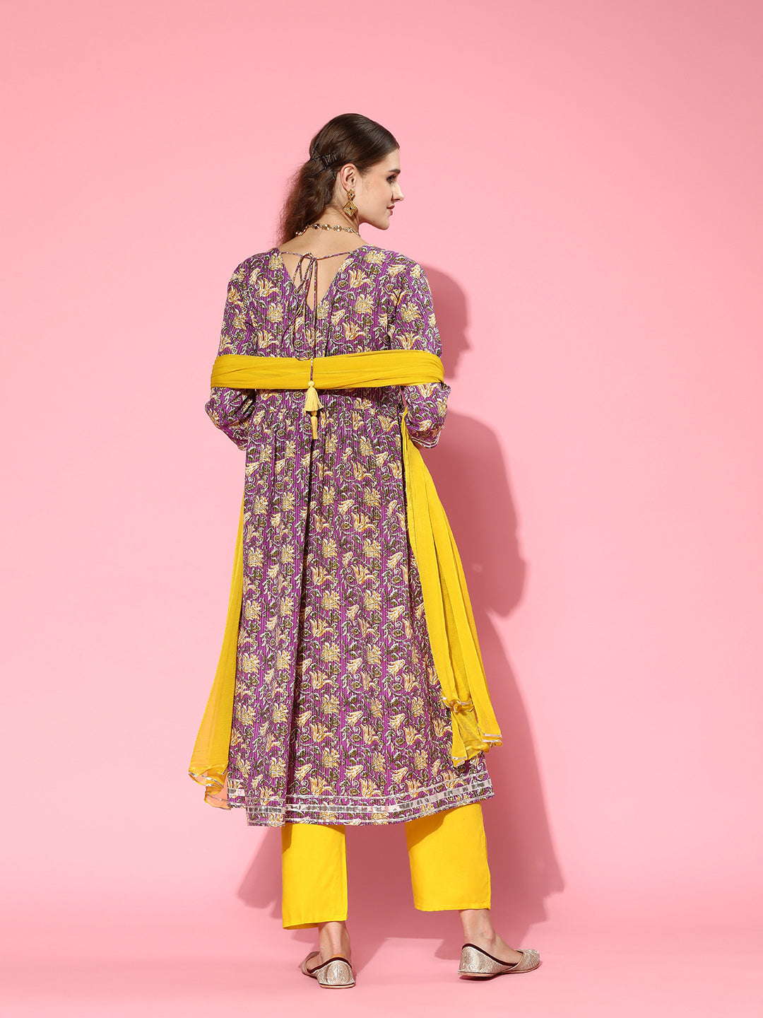 Floral Printed Cotton Naira Cut Kurta Pant Dupatta Set