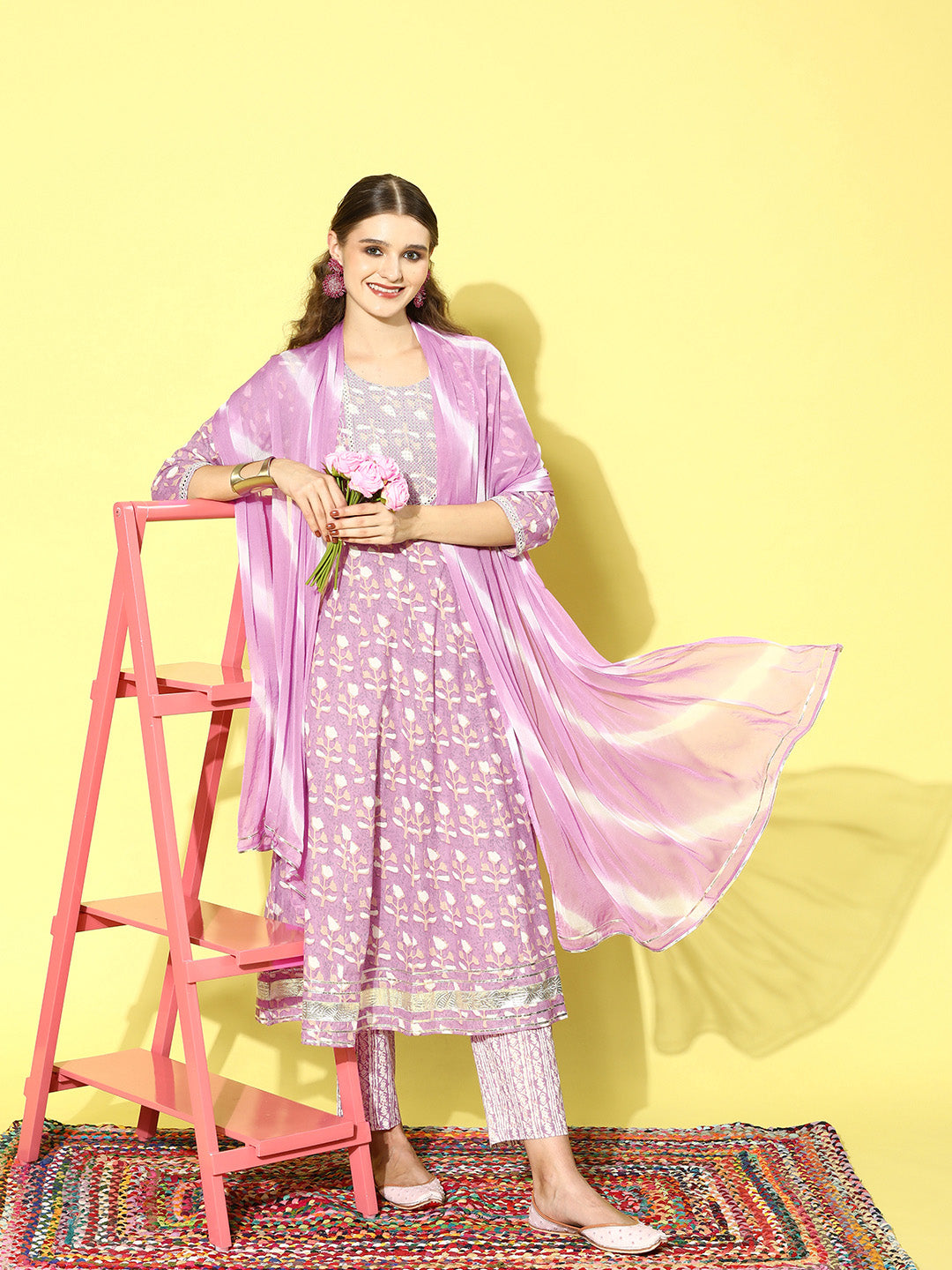 Printed Cotton Anarkali Kurta Pant Dupatta Set