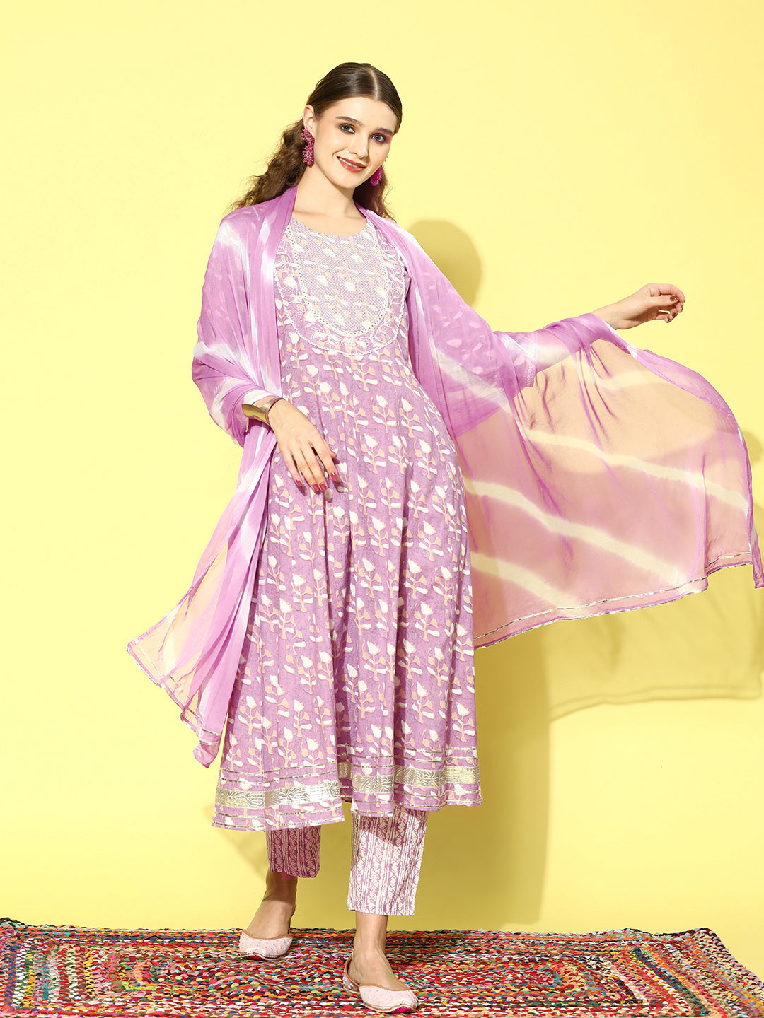 Printed Cotton Anarkali Kurta Pant Dupatta Set