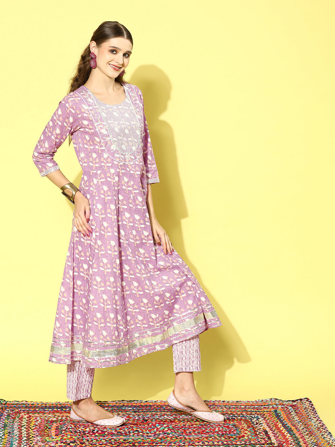 Printed Cotton Anarkali Kurta Pant Dupatta Set