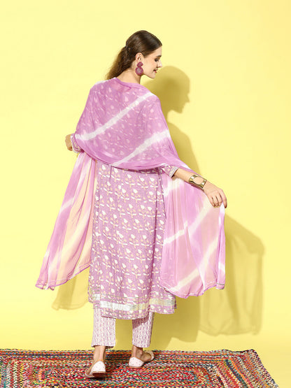 Printed Cotton Anarkali Kurta Pant Dupatta Set