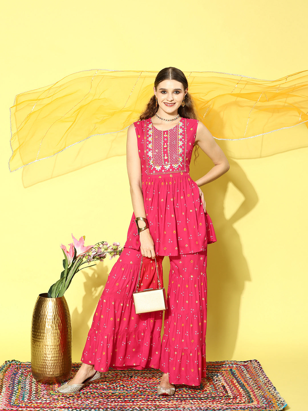 Printed &amp; Embroidered Rayon Kurta Sharara Dupatta Set