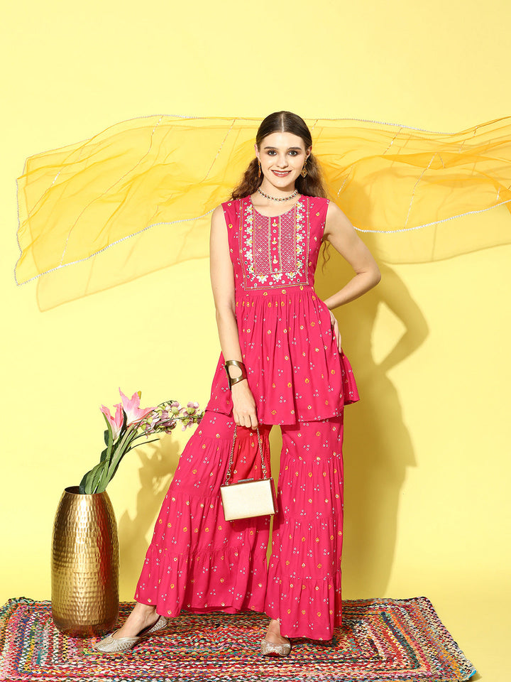 Printed &amp; Embroidered Rayon Kurta Sharara Dupatta Set