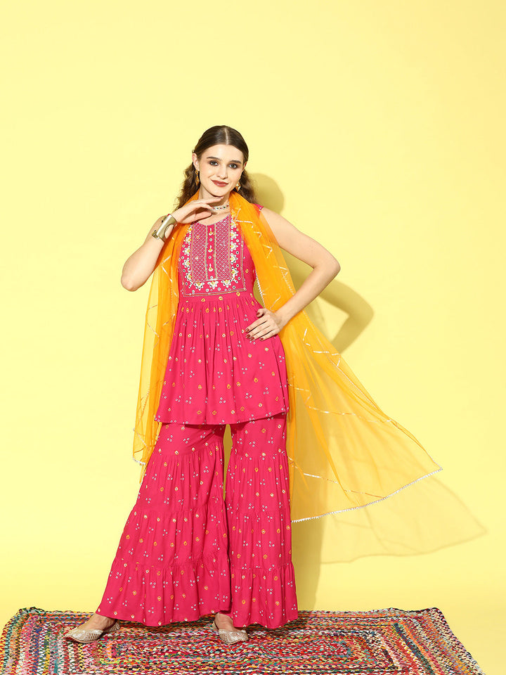 Printed &amp; Embroidered Rayon Kurta Sharara Dupatta Set