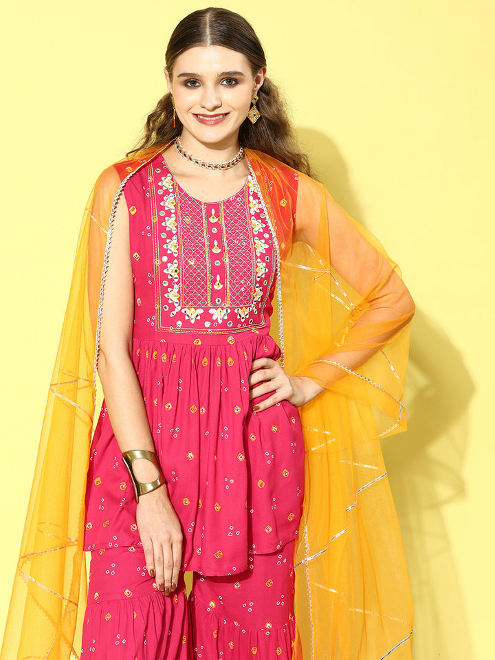 Printed &amp; Embroidered Rayon Kurta Sharara Dupatta Set