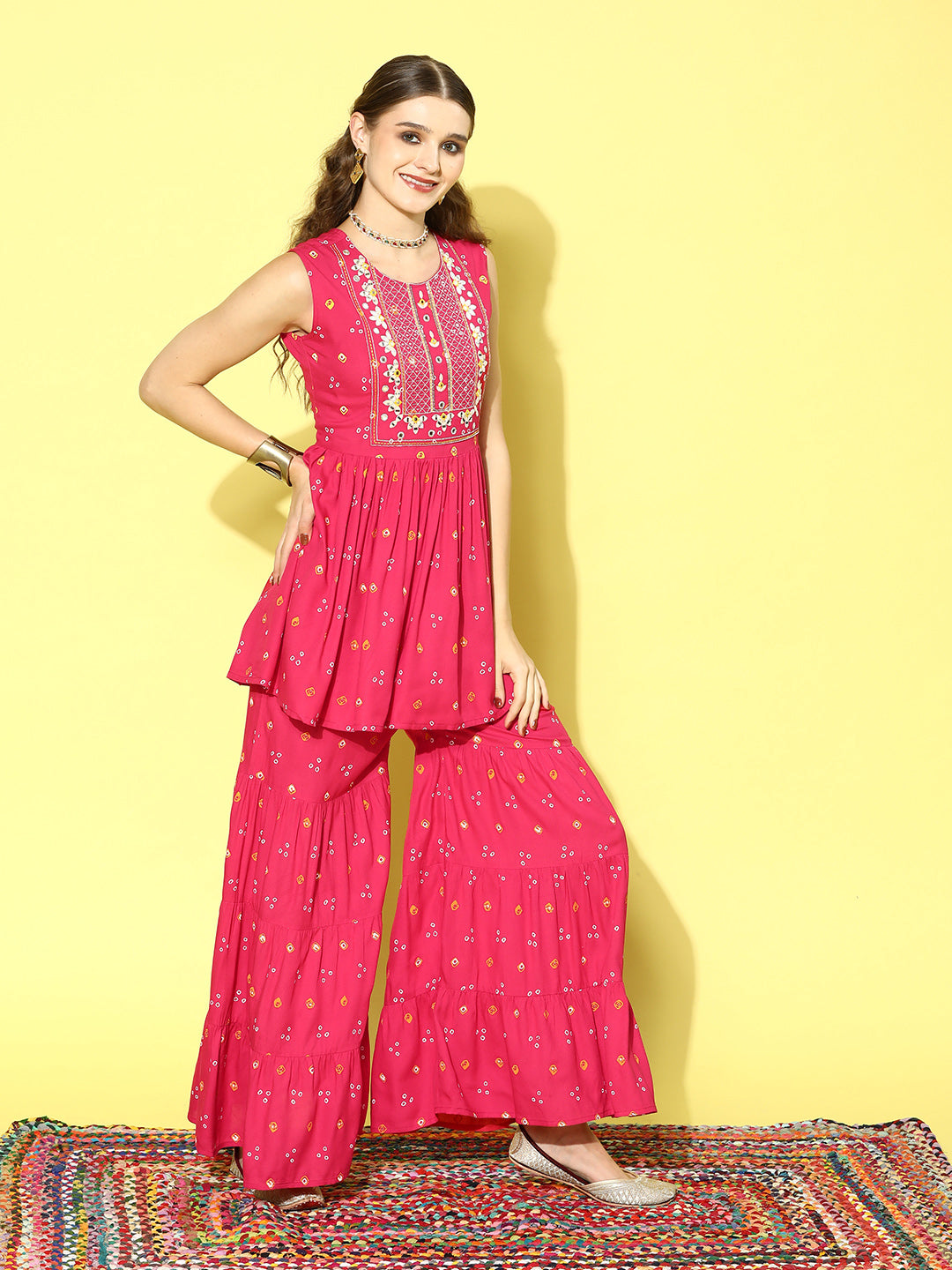 Printed &amp; Embroidered Rayon Kurta Sharara Dupatta Set
