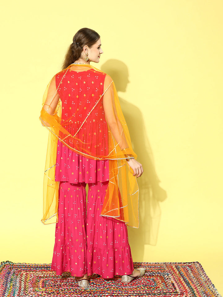 Printed &amp; Embroidered Rayon Kurta Sharara Dupatta Set