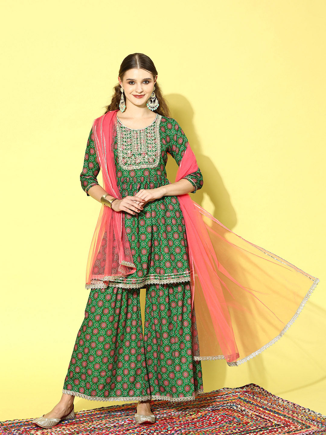Printed &amp; Embroidered Polyester Kurta Sharara Dupatta set