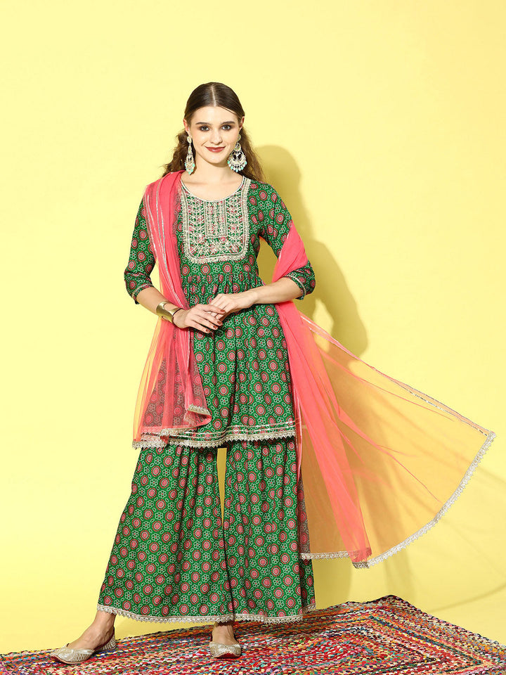 Printed &amp; Embroidered Polyester Kurta Sharara Dupatta set