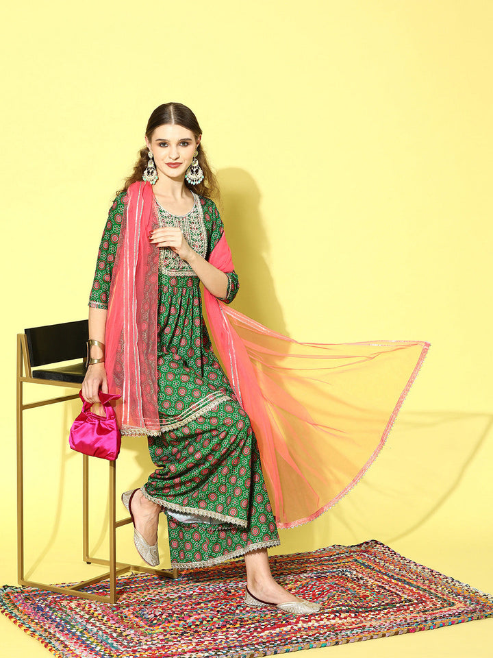 Printed &amp; Embroidered Polyester Kurta Sharara Dupatta set