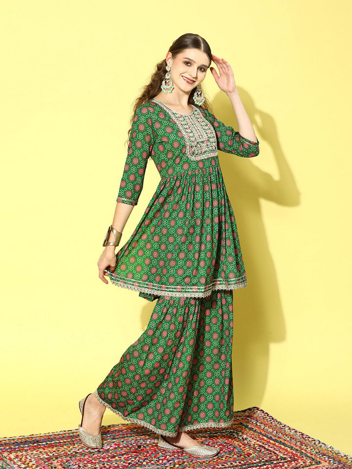 Printed &amp; Embroidered Polyester Kurta Sharara Dupatta set