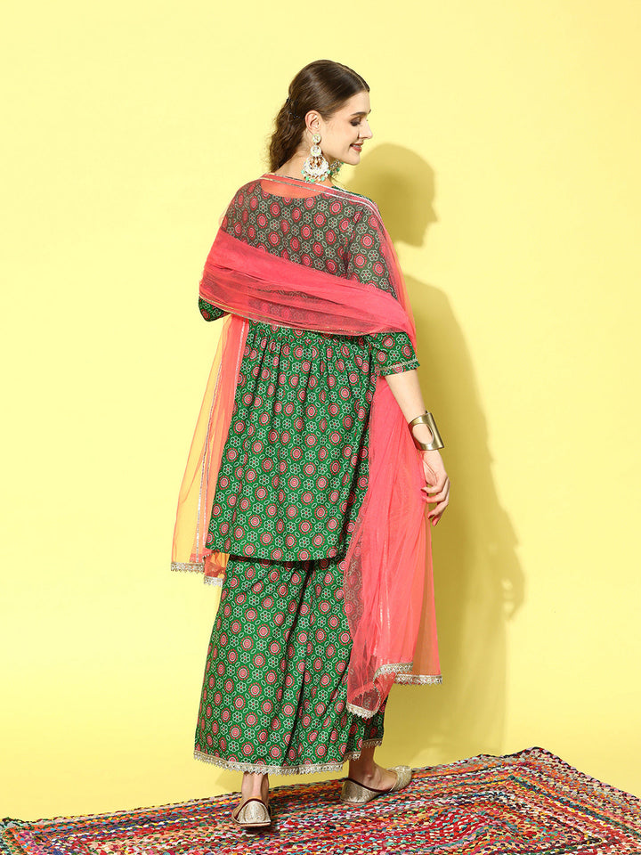 Printed &amp; Embroidered Polyester Kurta Sharara Dupatta set