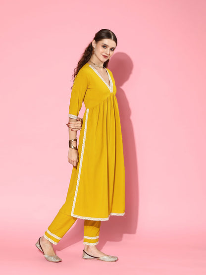 Solid Crepe Naira cut Kurta Pant Dupatta Set