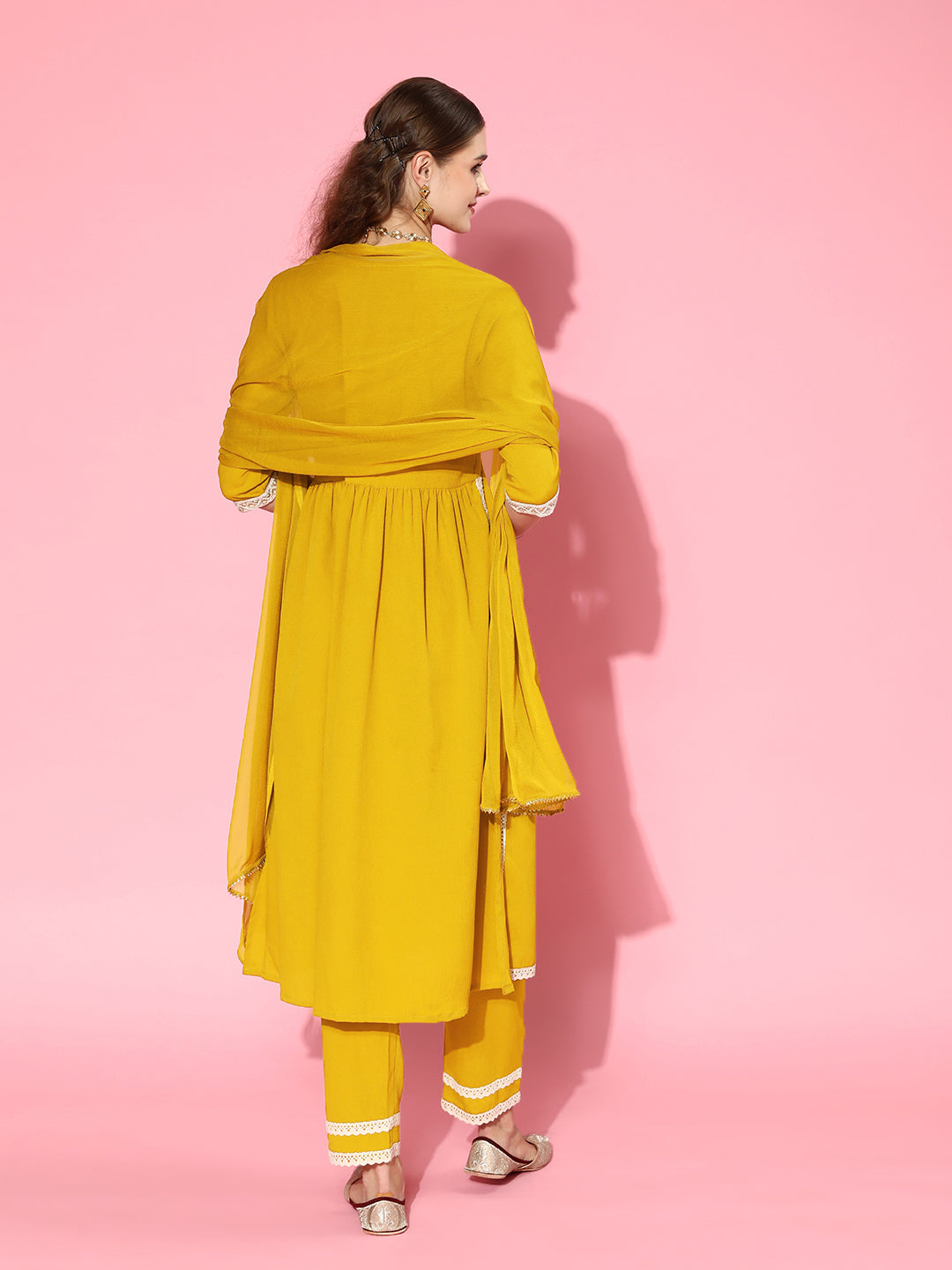 Solid Crepe Naira cut Kurta Pant Dupatta Set