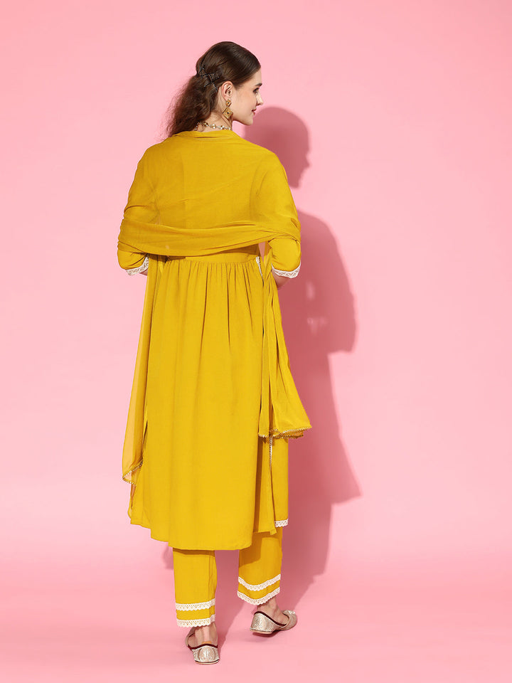 Solid Crepe Naira cut Kurta Pant Dupatta Set