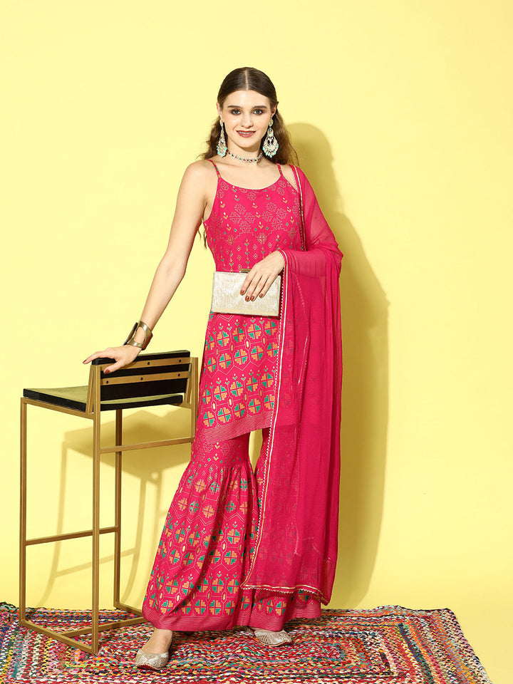 Printed Rayon Short Kurta Sharara Dupatta Set
