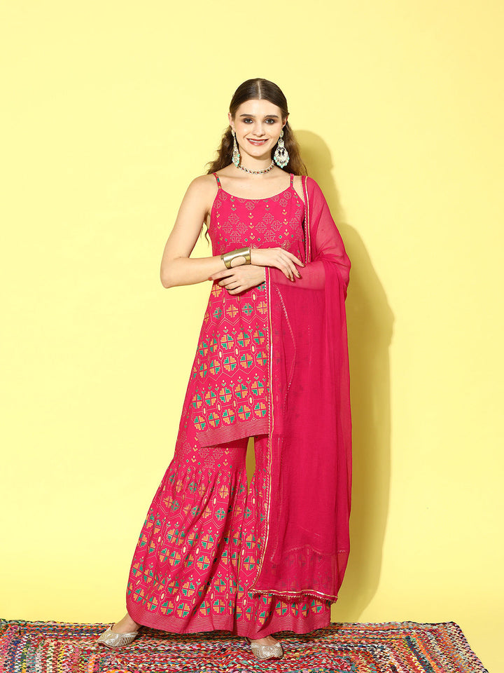 Printed Rayon Short Kurta Sharara Dupatta Set