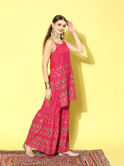 Printed Rayon Short Kurta Sharara Dupatta Set