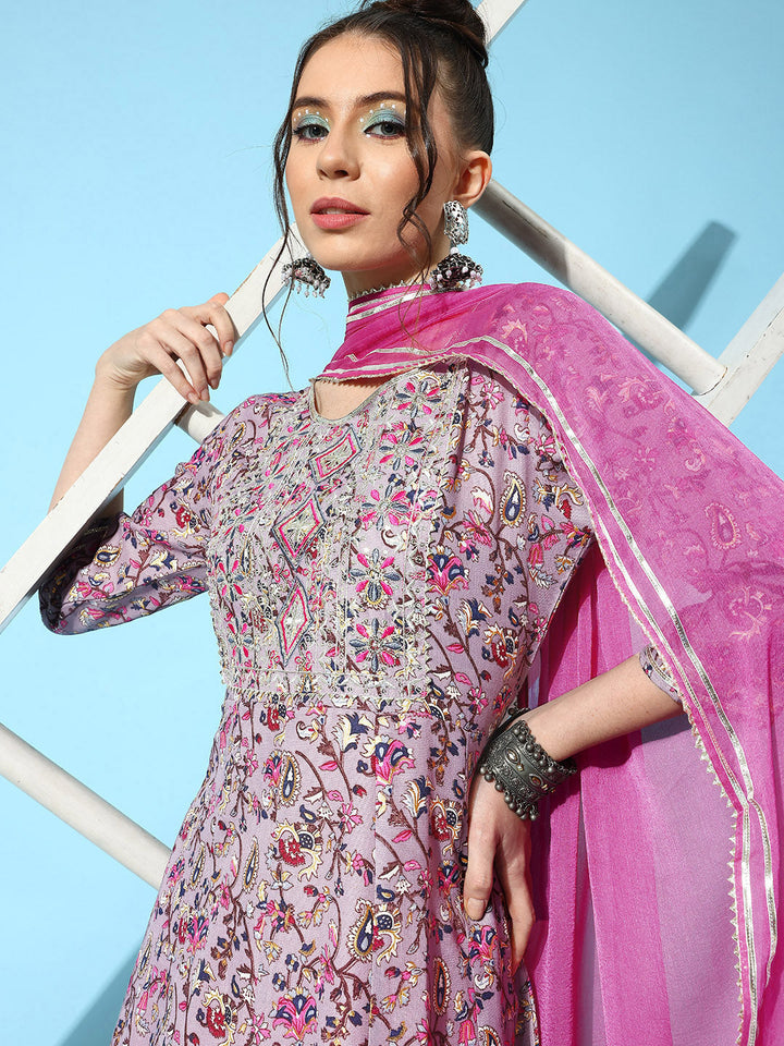 Printed &amp; Embroidered Cotton Blend Anarkali Kurta with Dupatta