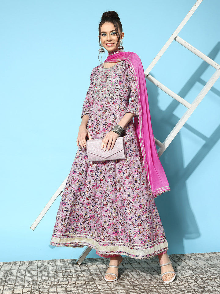Printed &amp; Embroidered Cotton Blend Anarkali Kurta with Dupatta