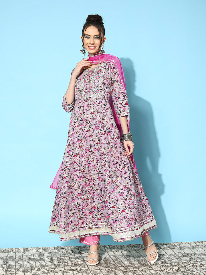 Printed &amp; Embroidered Cotton Blend Anarkali Kurta with Dupatta