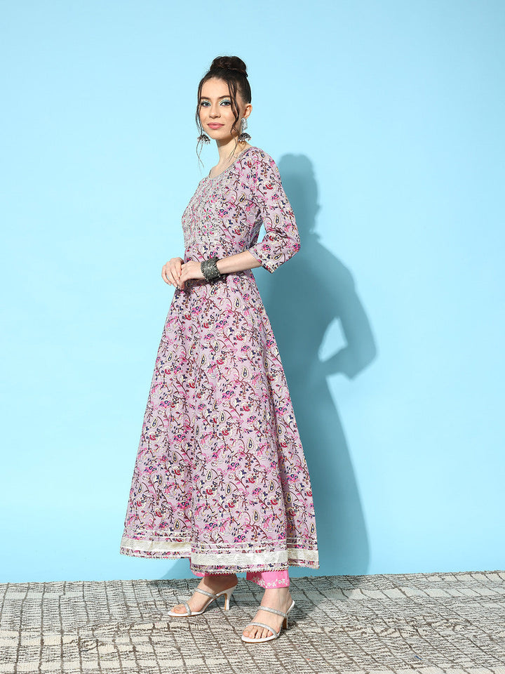 Printed &amp; Embroidered Cotton Blend Anarkali Kurta with Dupatta