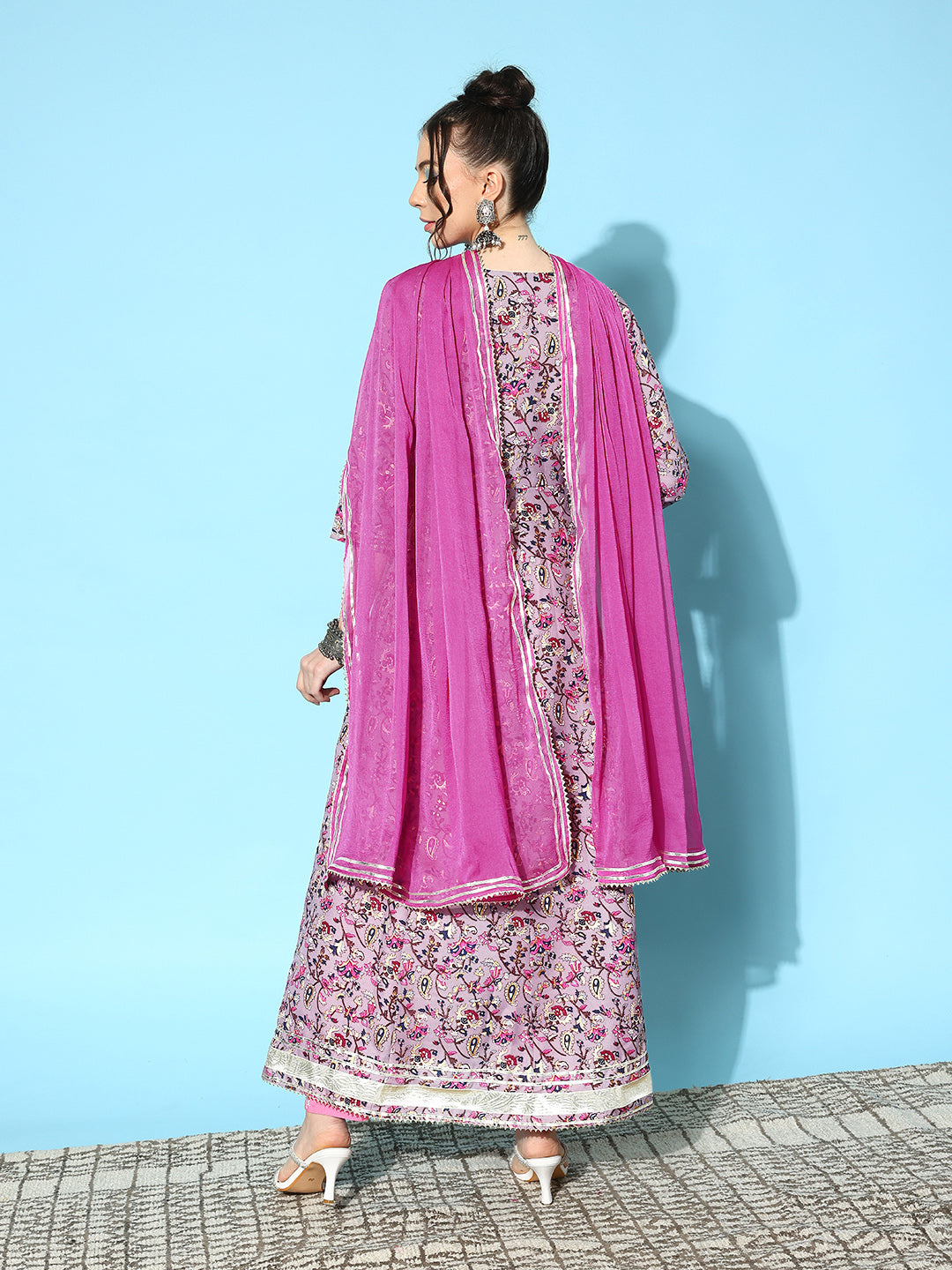 Printed &amp; Embroidered Cotton Blend Anarkali Kurta with Dupatta