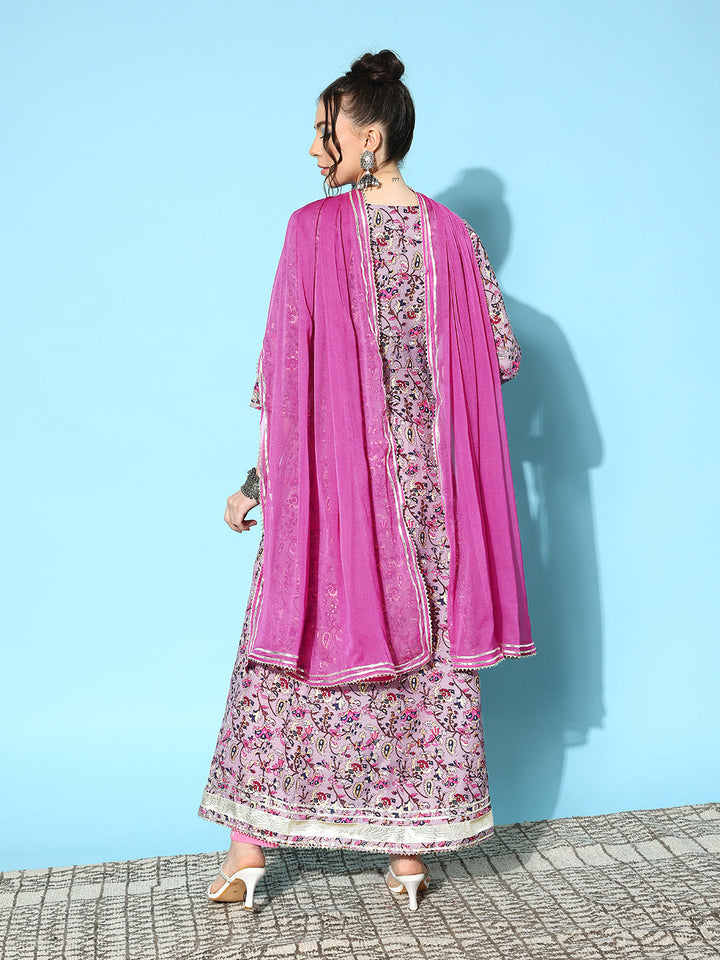 Printed &amp; Embroidered Cotton Blend Anarkali Kurta with Dupatta