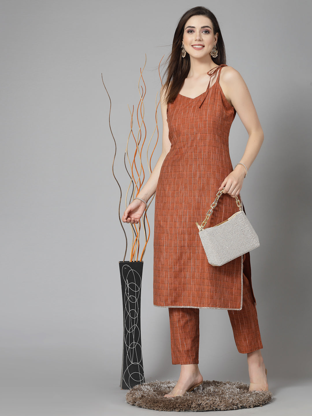 Woven Designed Cotton Blend Straight Kurta Pant Set