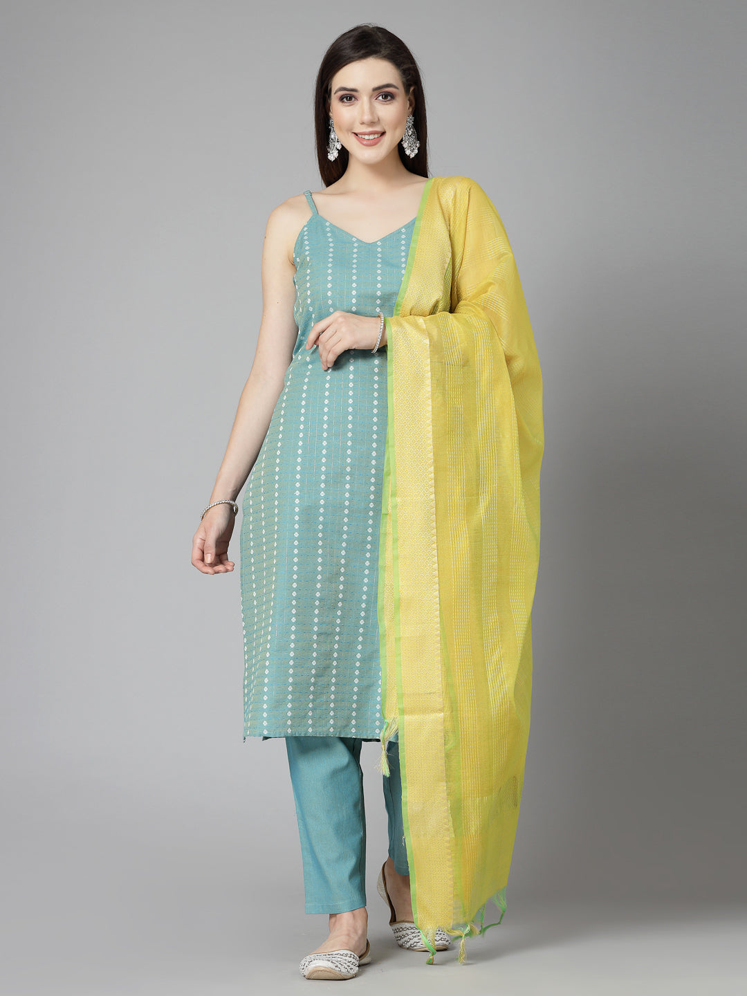 Woven Designed Cotton Blend Straight Kurta Pant Dupatta Set