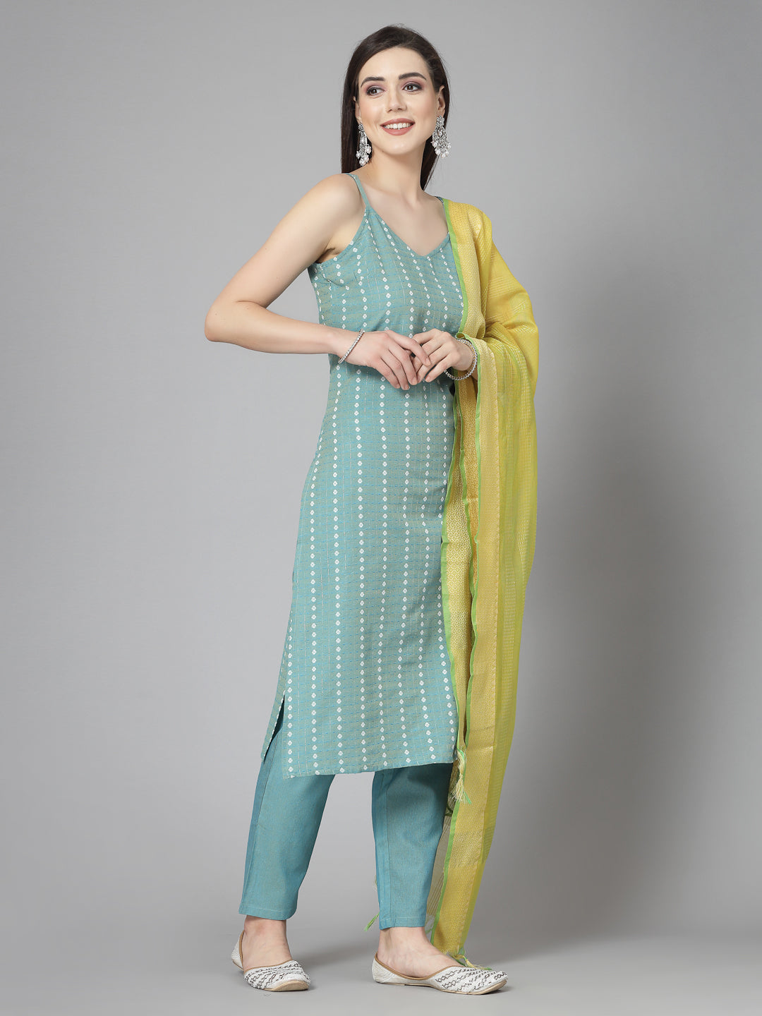 Woven Designed Cotton Blend Straight Kurta Pant Dupatta Set