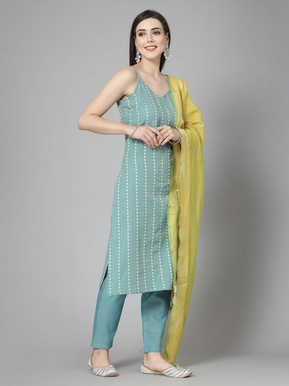 Woven Designed Cotton Blend Straight Kurta Pant Dupatta Set
