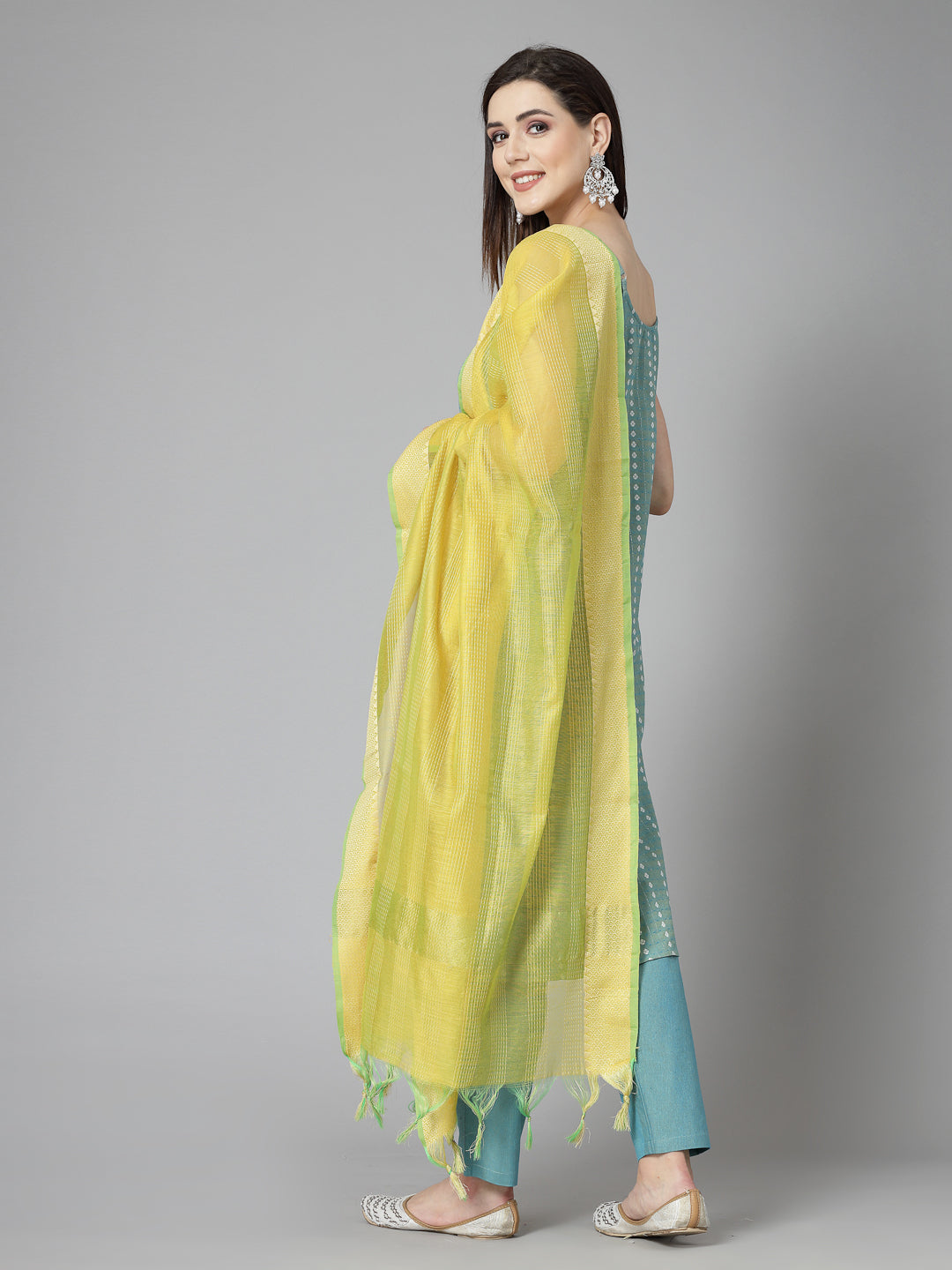 Woven Designed Cotton Blend Straight Kurta Pant Dupatta Set