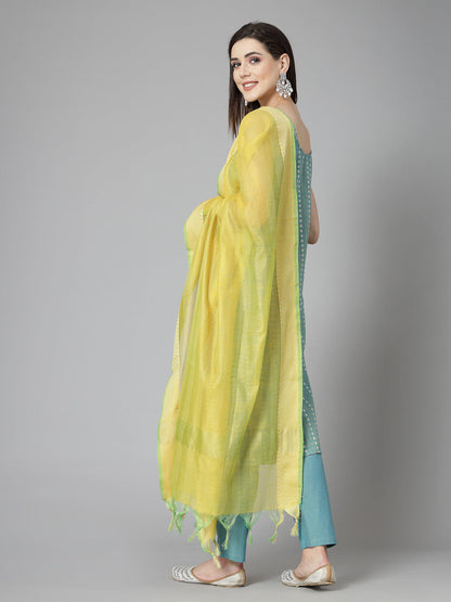 Woven Designed Cotton Blend Straight Kurta Pant Dupatta Set