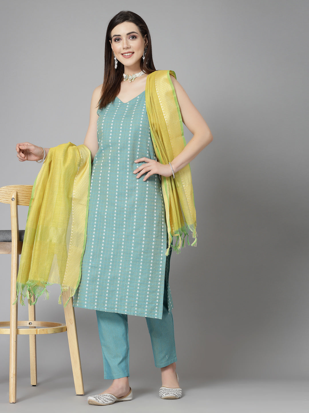 Woven Designed Cotton Blend Straight Kurta Pant Dupatta Set