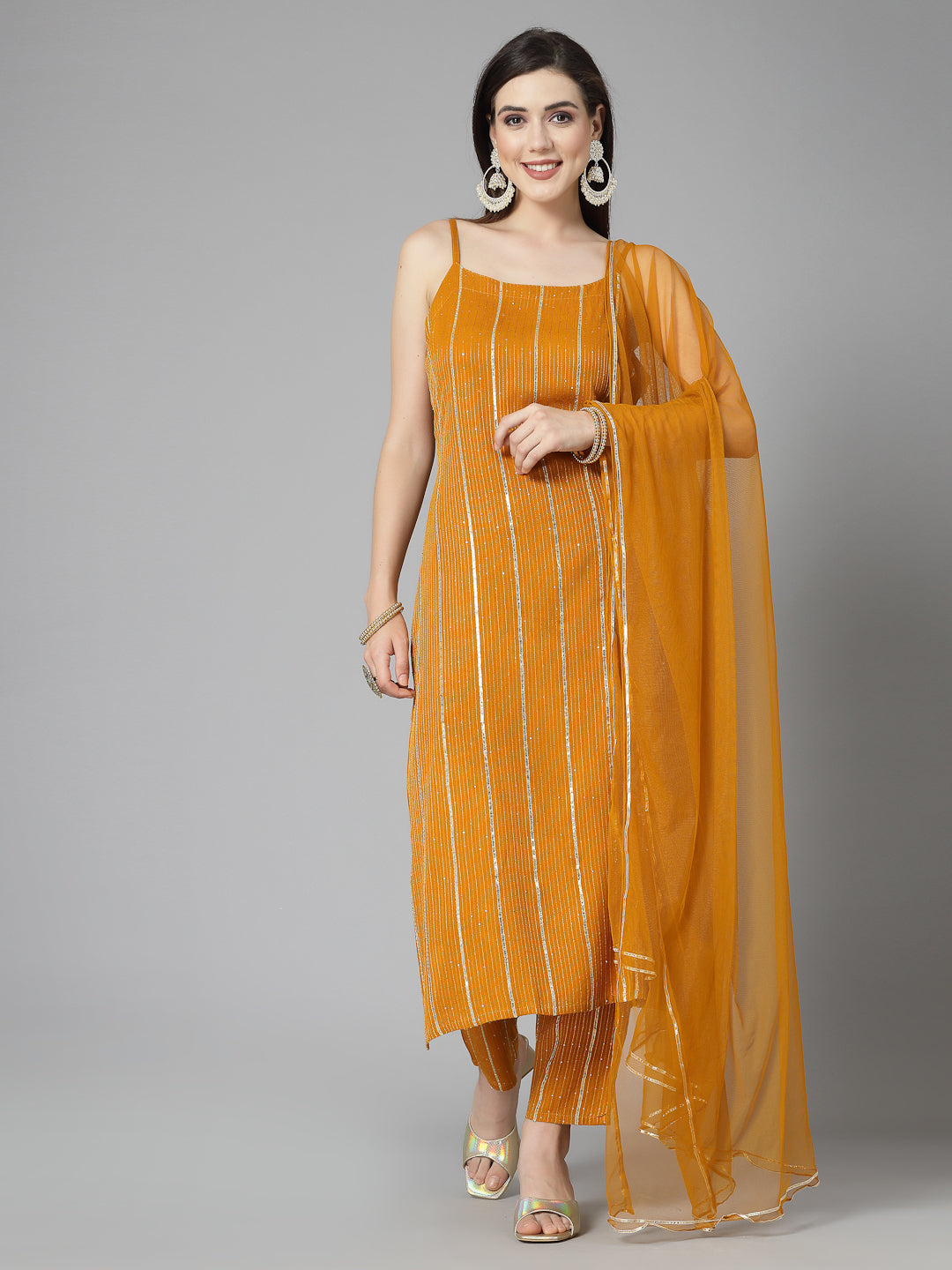 Embroidered &amp; Embellished Rayon Straight Kurta Pant Dupatta Set