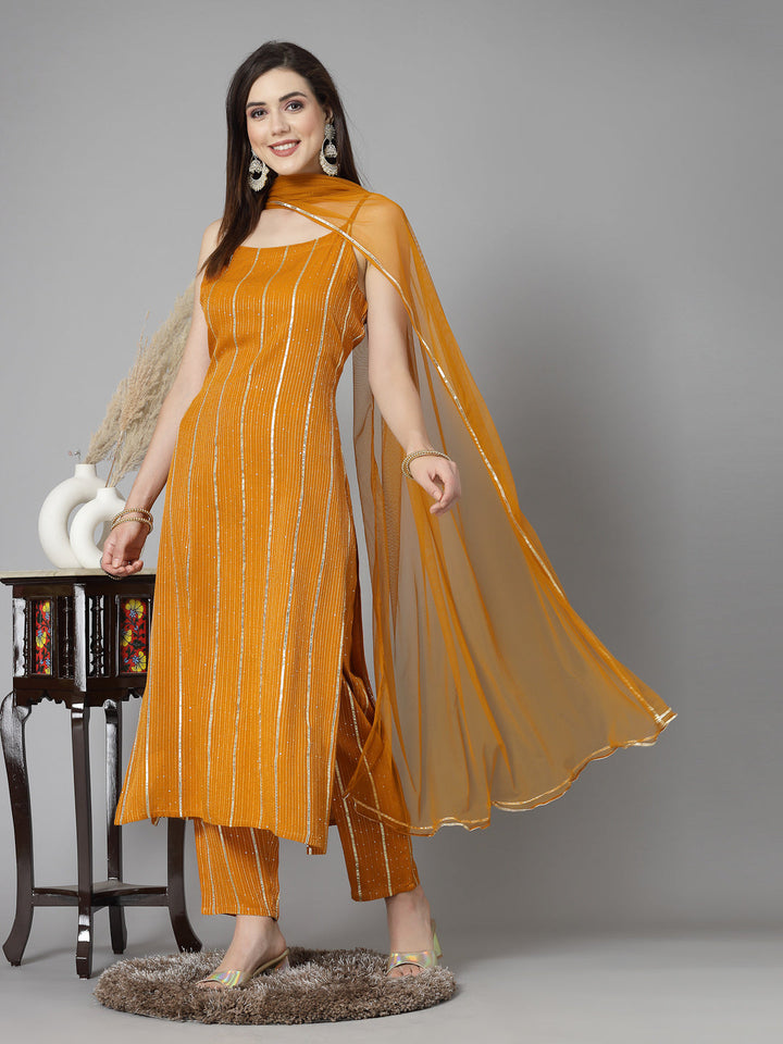 Embroidered &amp; Embellished Rayon Straight Kurta Pant Dupatta Set