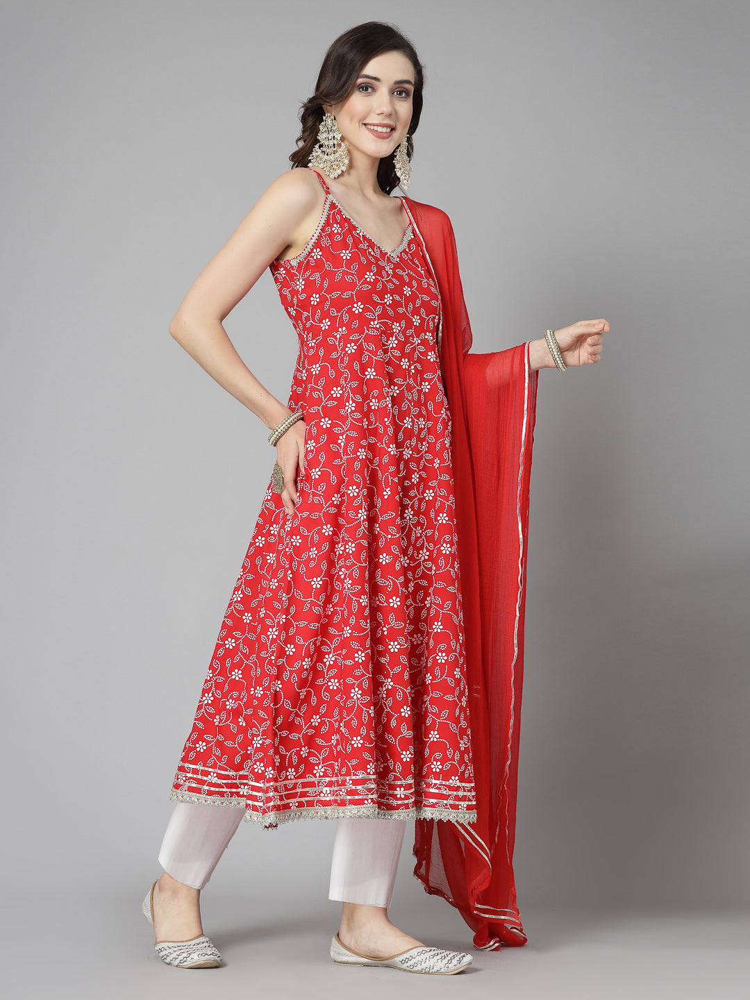 Floral Printed Rayon Anarkali Kurta Pant Dupatta set