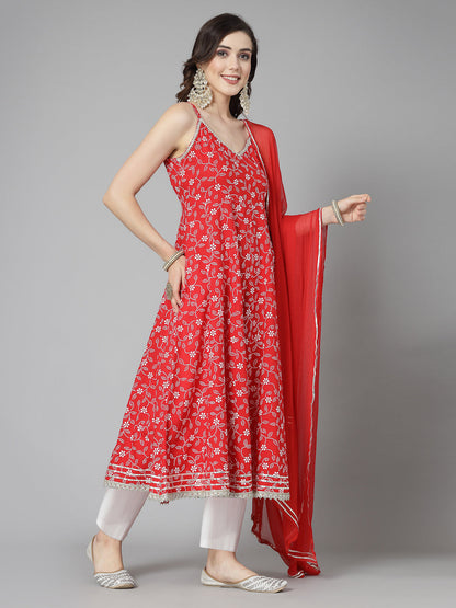 Floral Printed Rayon Anarkali Kurta Pant Dupatta set