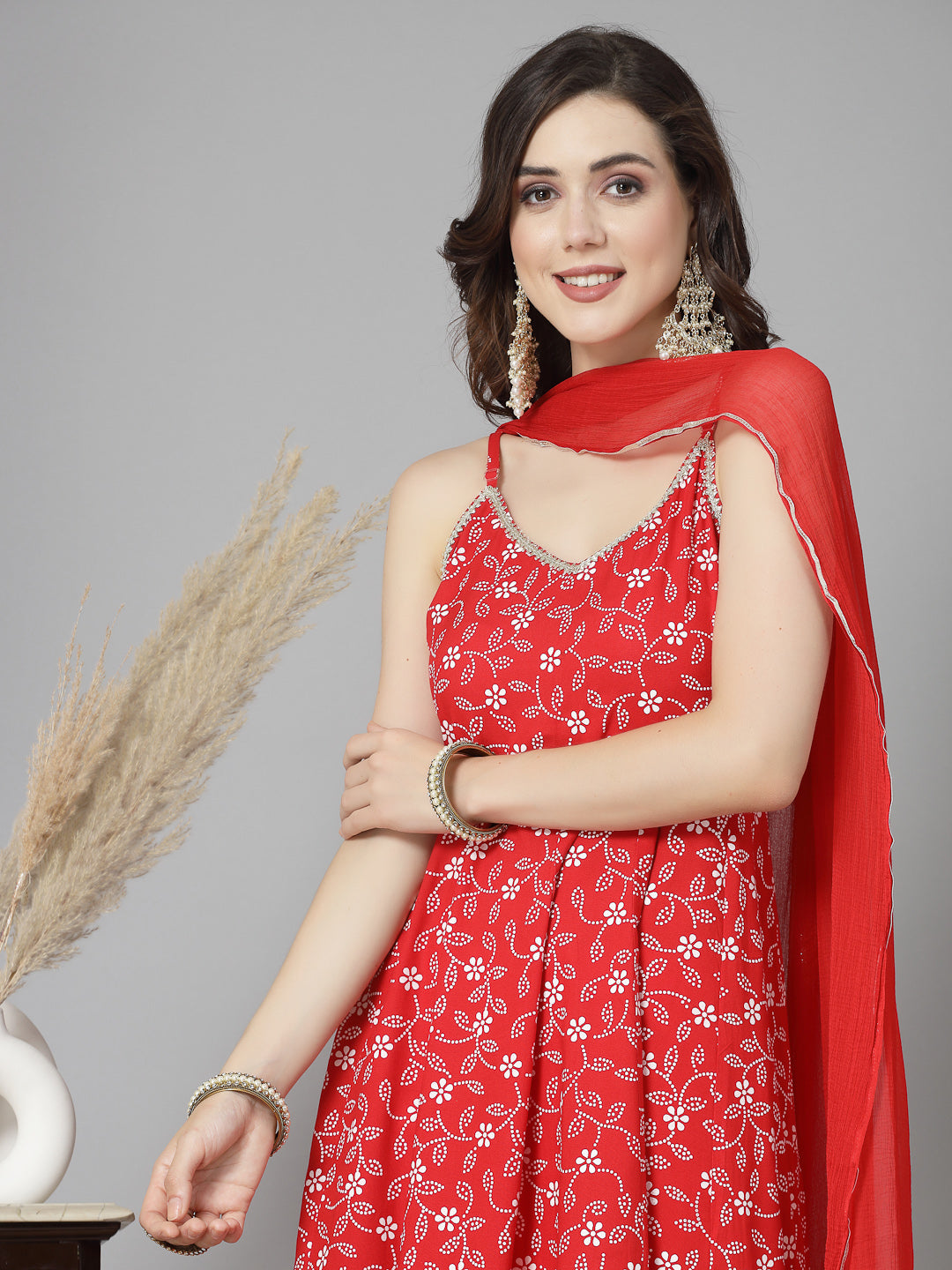 Floral Printed Rayon Anarkali Kurta Pant Dupatta set